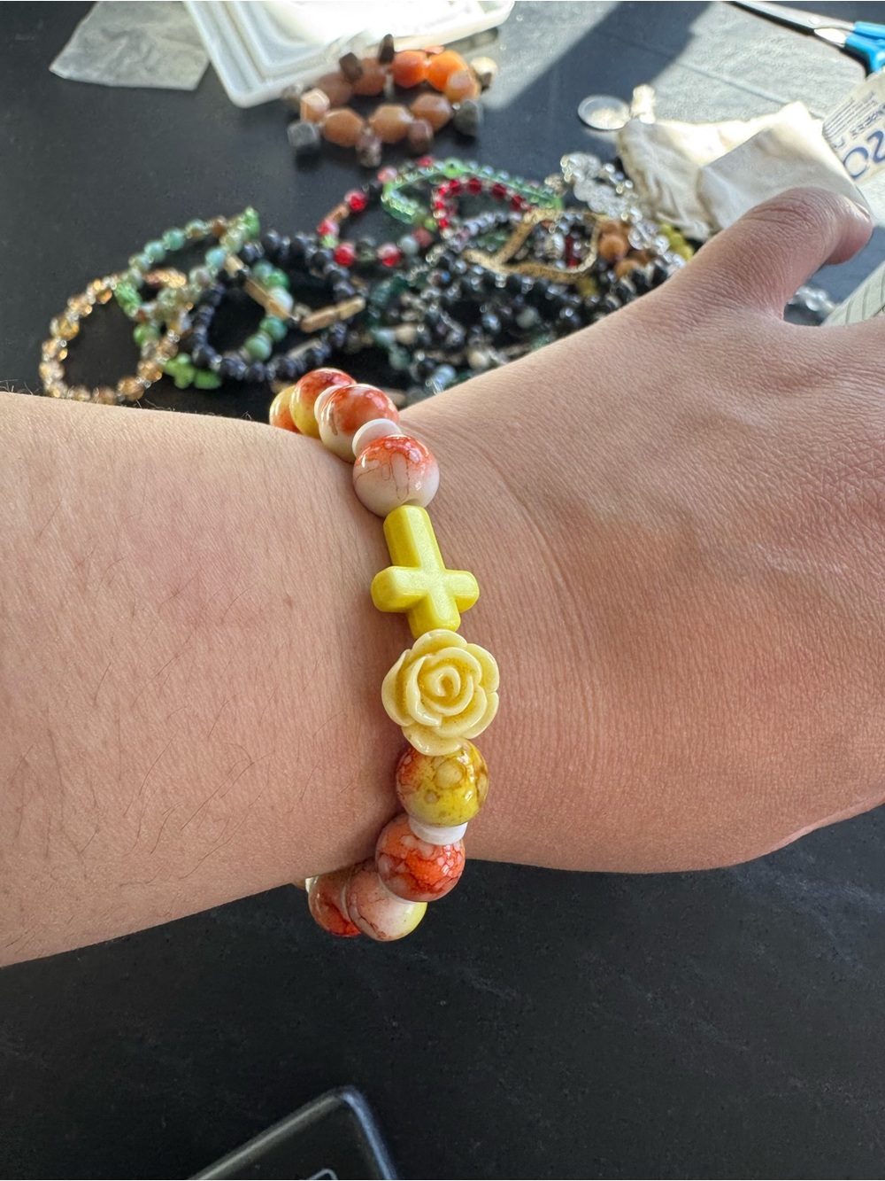 Yellow Cross Beaded Stretch Bracelet